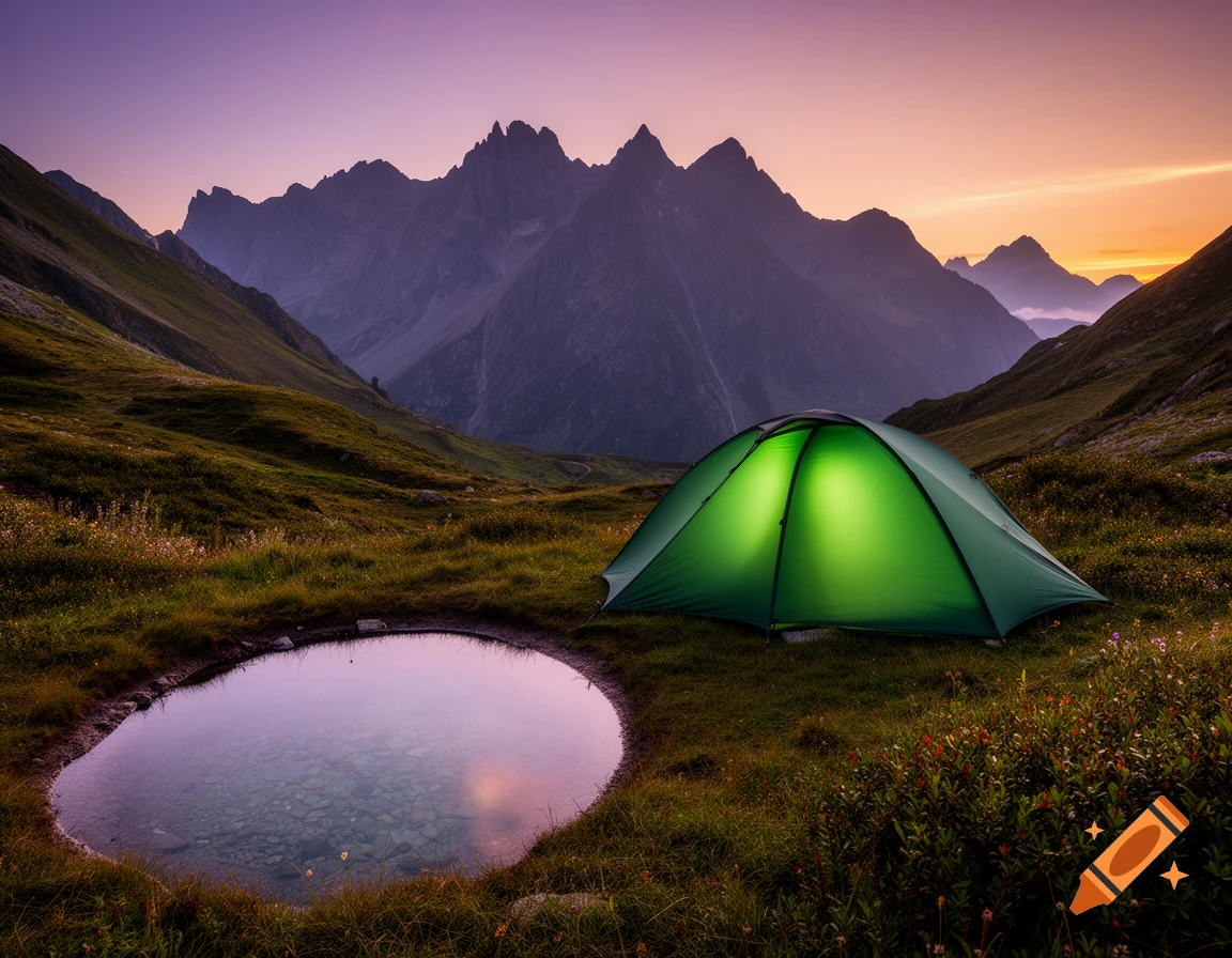 A vibrant green tent glowing at dusk beside a calm pond in a mountainous landscape with a purple and orange sky.