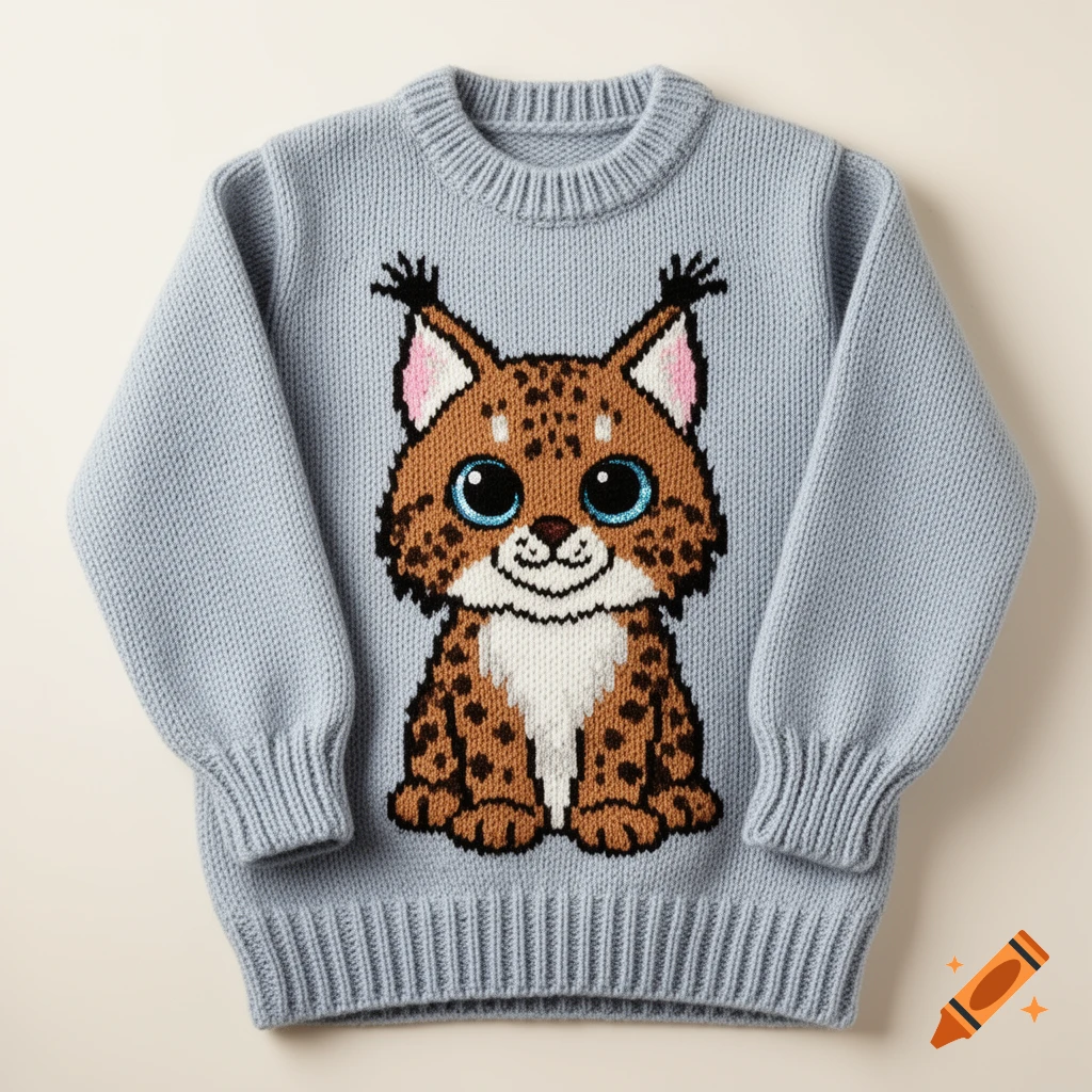 A light blue knitted child's sweater featuring a cute, brown cartoon lynx with big blue eyes on the front.