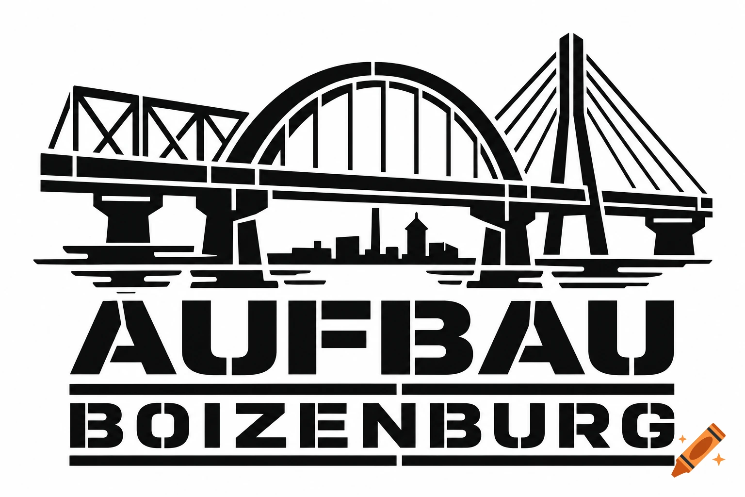Black and white stencil logo of three bridges (truss, arch, cable-stayed) over a cityscape, with 'AUFBAU BOIZENBURG' text.