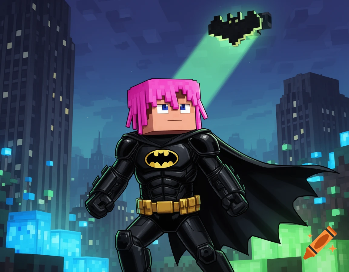 A blocky Minecraft-style character with pink hair, wearing a black Batman suit and cape, stands in a stylized city under a glowing bat-signal in the night sky.