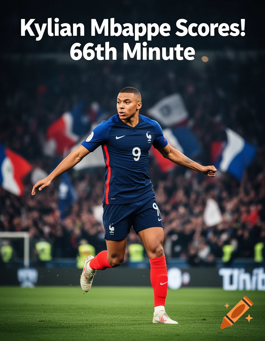 A photorealistic image of Kylian Mbappe in a blue soccer uniform, running on a green field during a game. White text overlaid on top reads "Kylian Mbappe Scores! 66th Minute".
