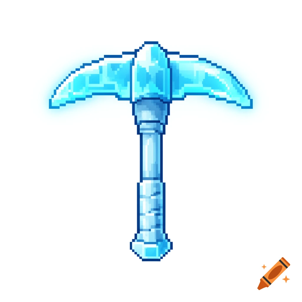 A glowing, translucent blue ice pickaxe in clean pixel art style, isolated on white.
