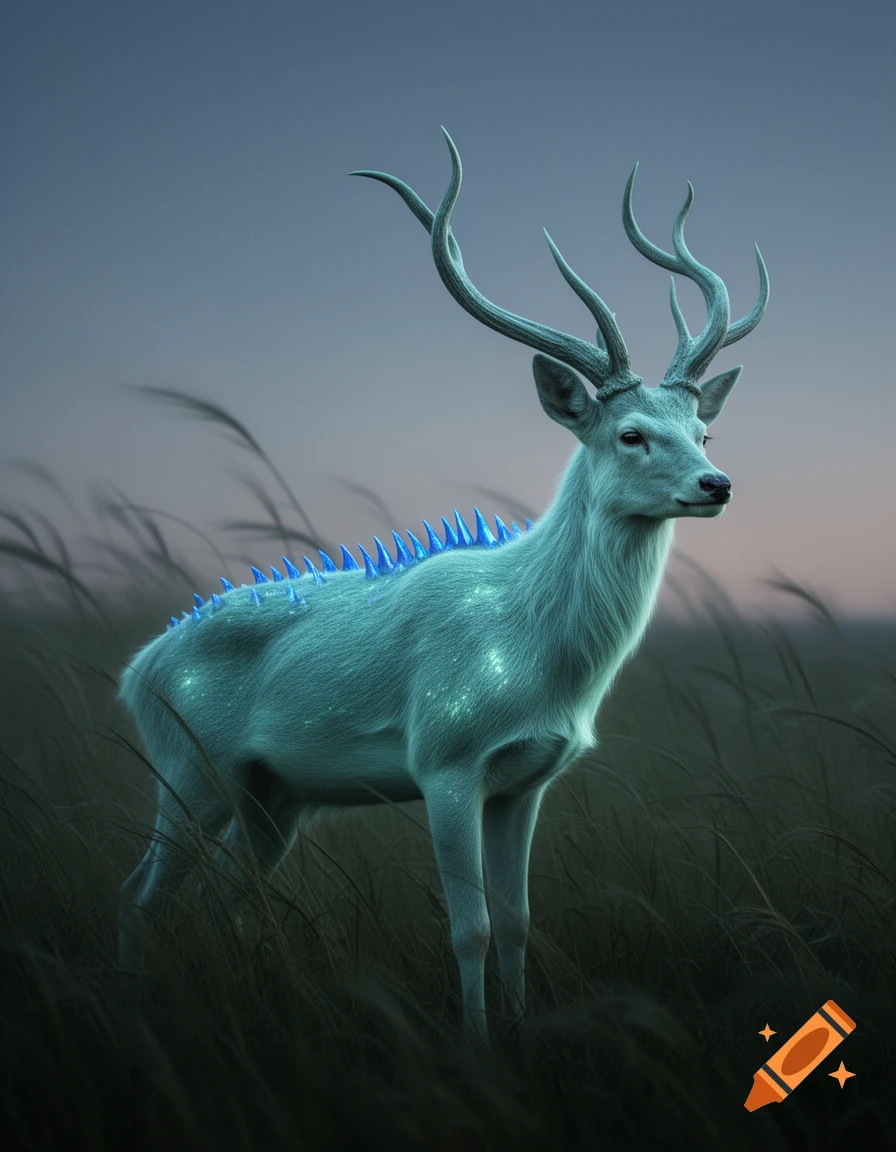 A hyperrealistic teal demon deer with blue spikes on its back and glowing patches stands in tall dark grass at twilight.