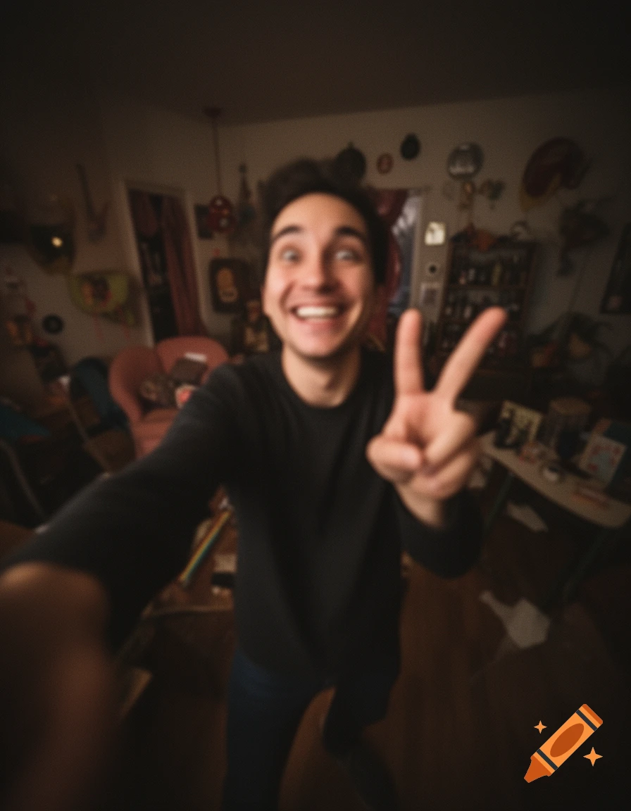 A blurry, low-quality selfie shows a smiling young man making a peace sign in a dimly lit room.