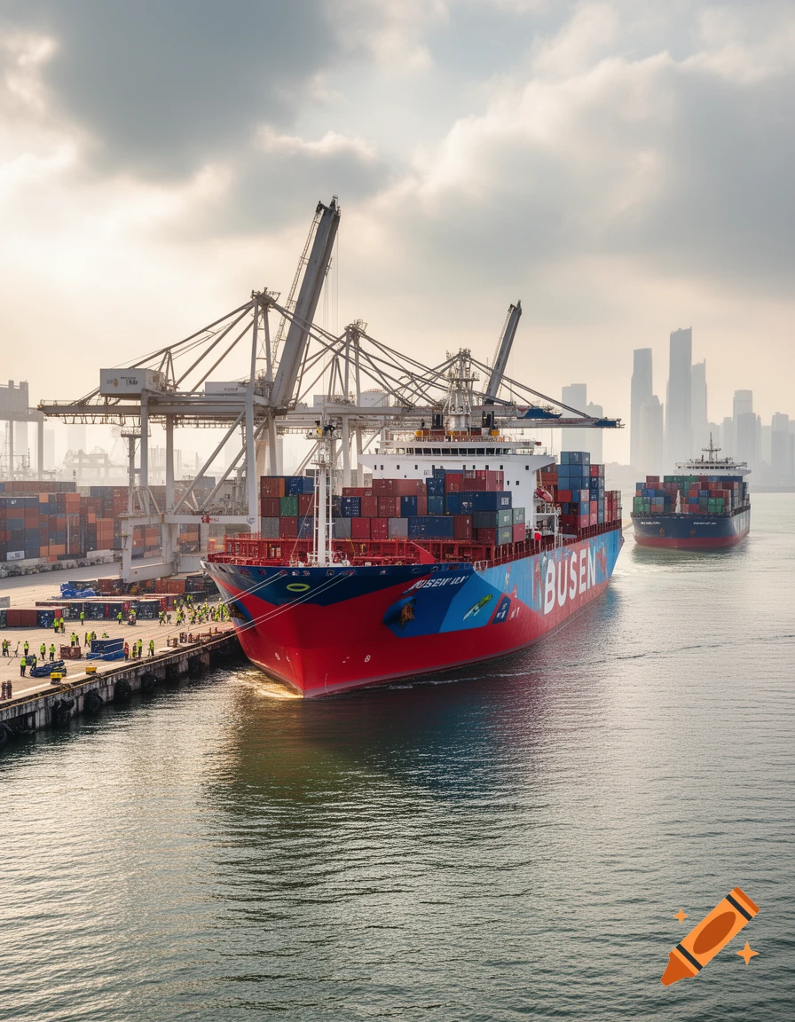 Photorealistic image of a large red and blue cargo ship docked at a bustling port with cranes, containers, and a cityscape in the distance.