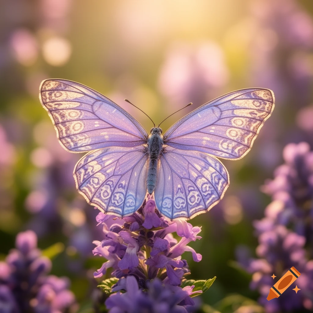 A pastel purple butterfly with intricate wing designs rests on a purple flower, bathed in warm sunlight.