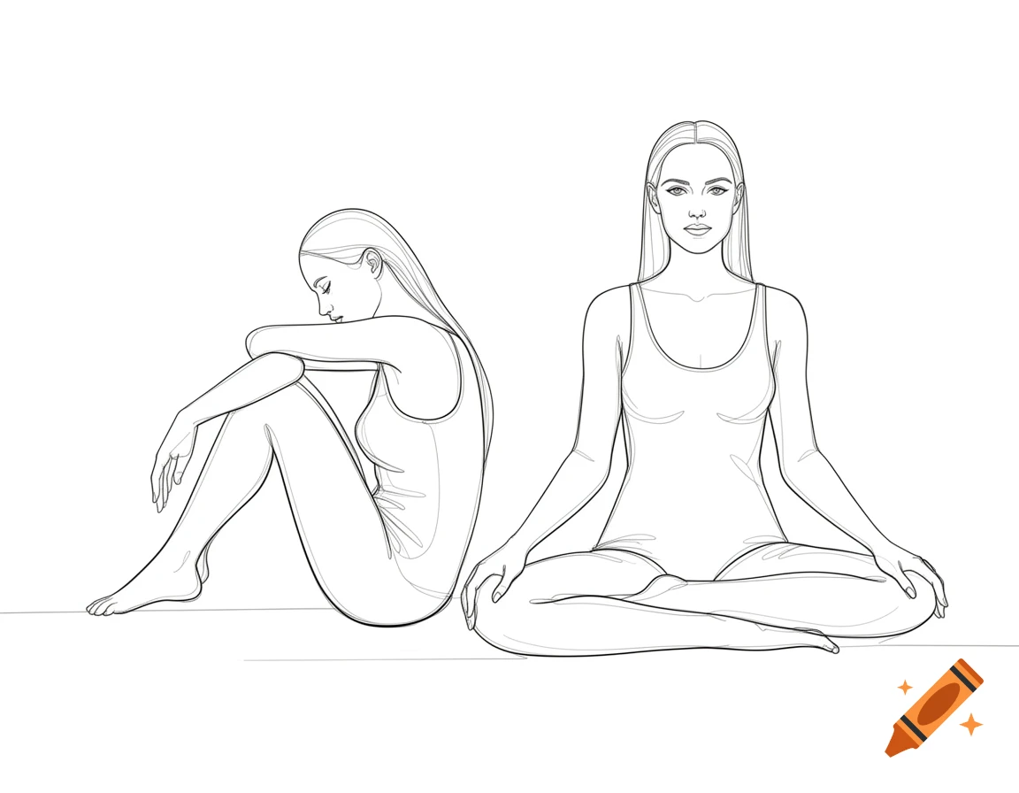 Two minimalist line sketches of women, one curled up with knees to chest, the other sitting cross-legged.