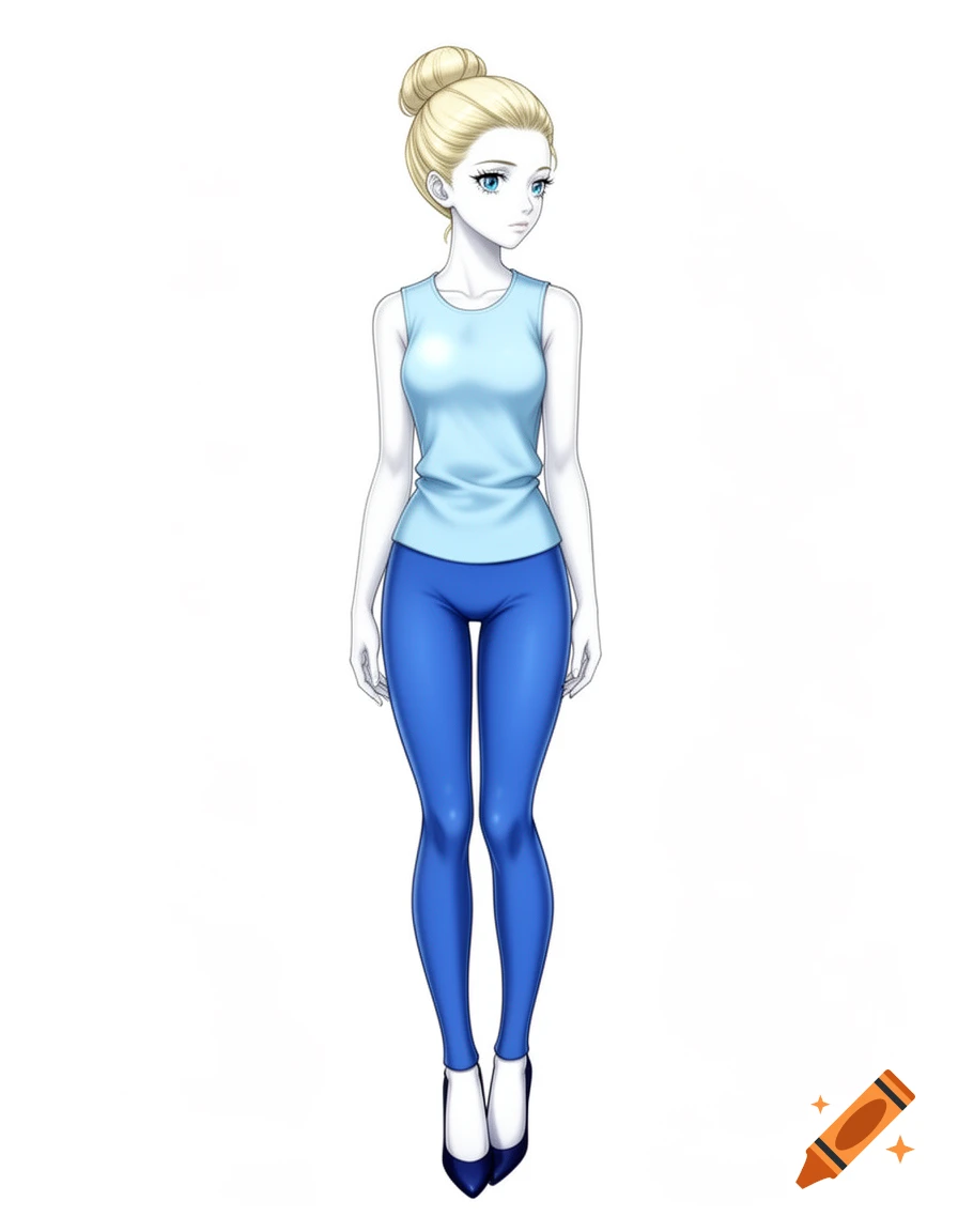 Anime girl with blonde hair in a bun, white skin, blue eyes, wearing a light blue tank top, blue leggings, and navy heels on a white background.