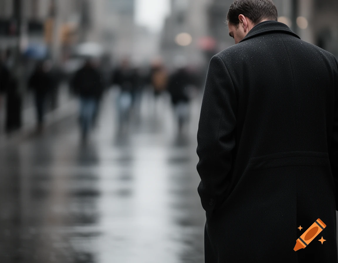 A man in a black coat walks away on a wet city street, with blurred figures in the background on a rainy day. Photorealistic.