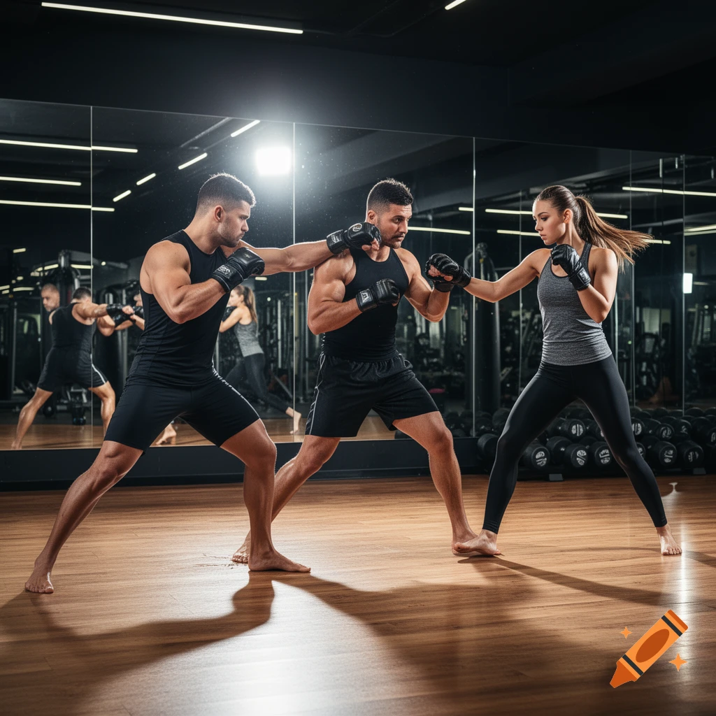 Two men and one woman training with boxing gloves in a modern gym with reflective walls.