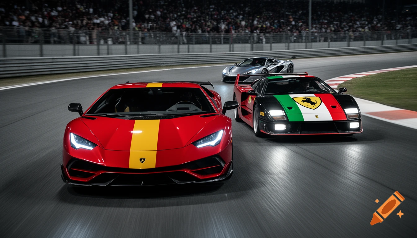 A red and yellow Lamborghini, a black Ferrari F40 with Italian flag colors, and a silver McLaren P1 racing on a track at night.