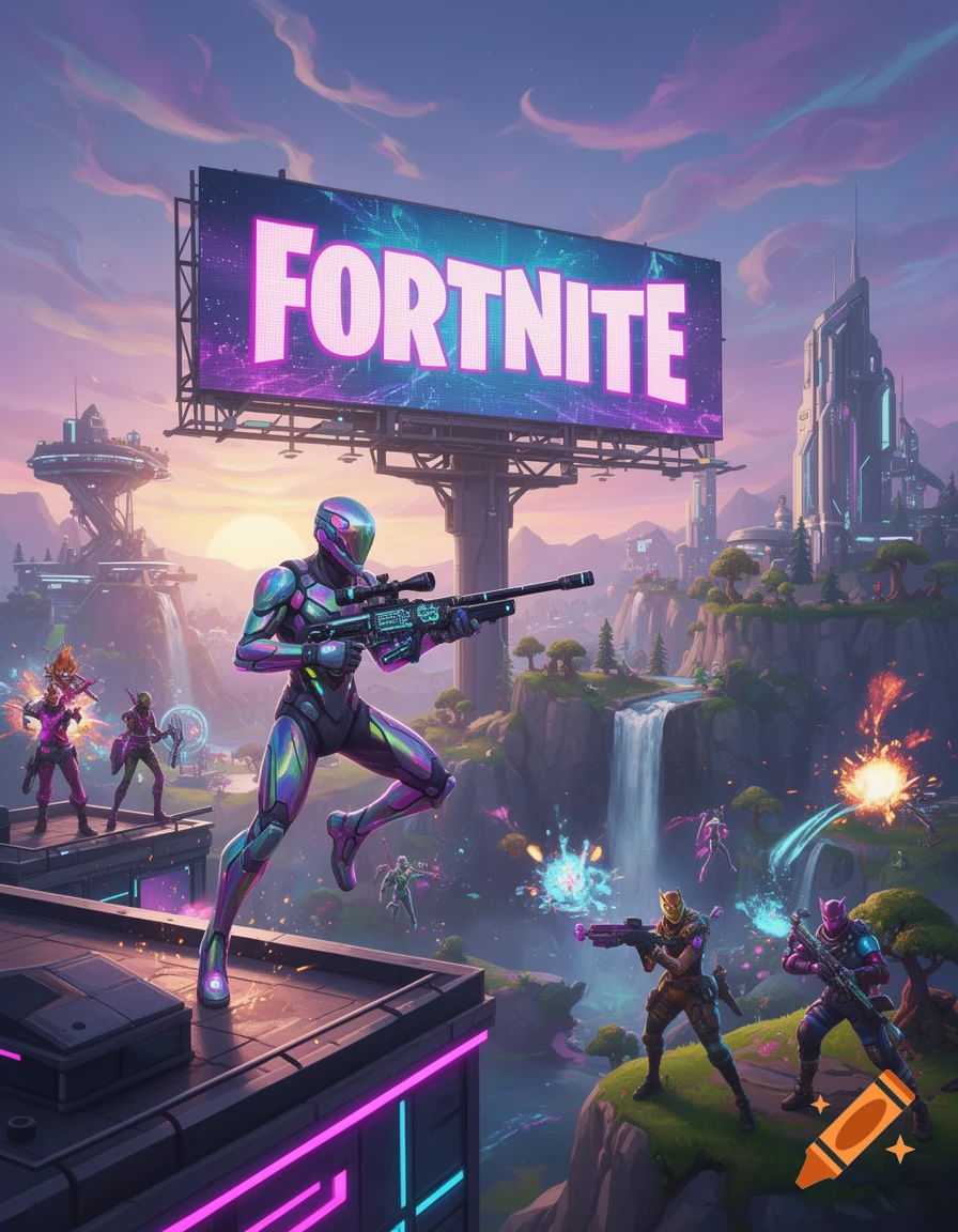 A colorful, stylized image of Fortnite characters in action, with a large 'FORTNITE' billboard overlooking a futuristic landscape with waterfalls and buildings.