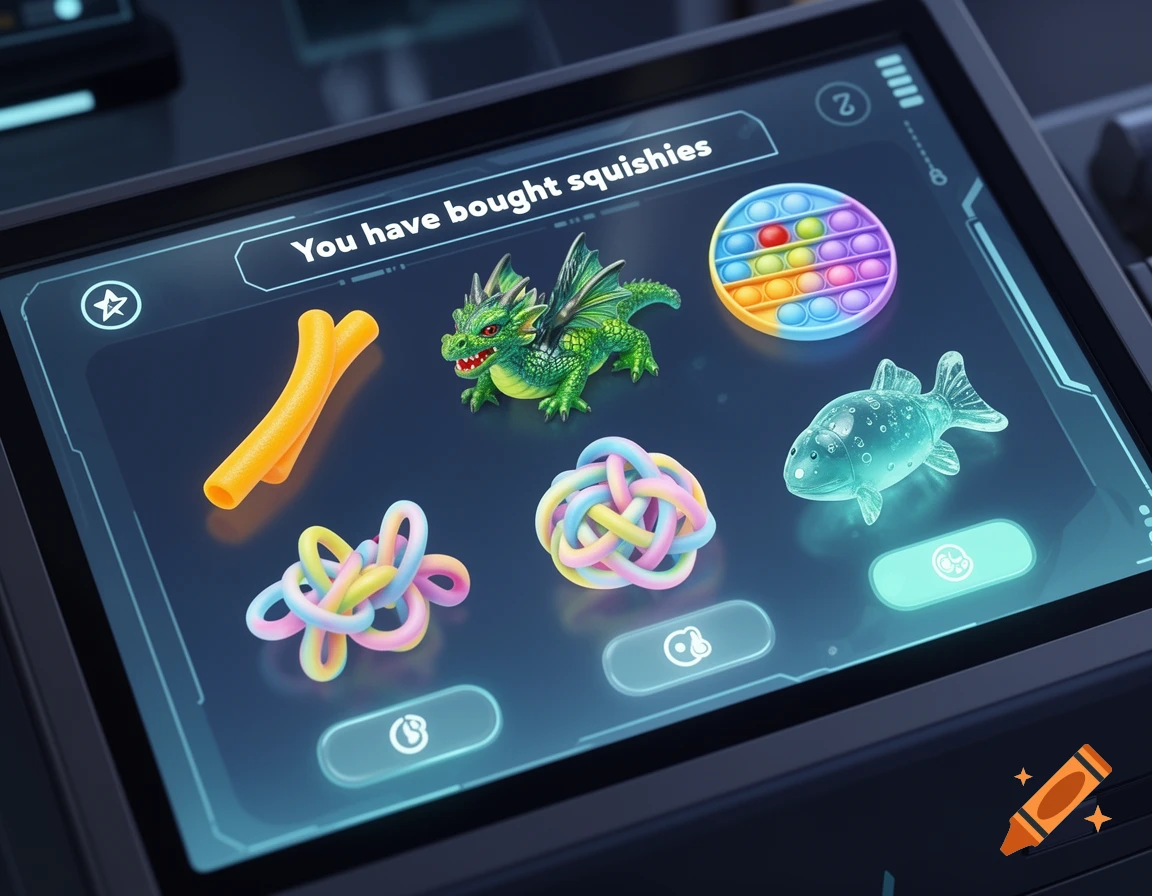 A digital checkout screen displays various squishy toys like a green dragon, a rainbow pop-it, a clear fish, and tangled shapes.