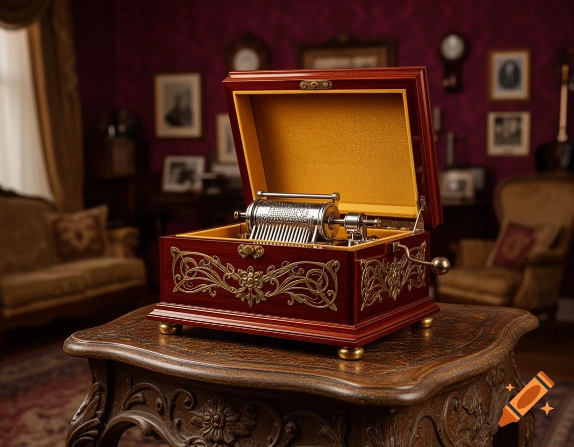 Ornate, open wooden music box with gold accents on a carved table in a vintage room.