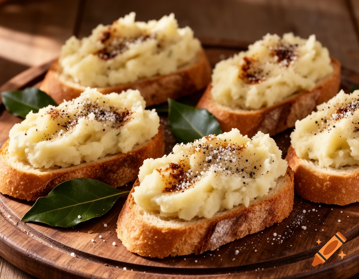 Close-up of horseradish mashed potato bruschetta topped with white pepper and bay leaves on a wooden board.