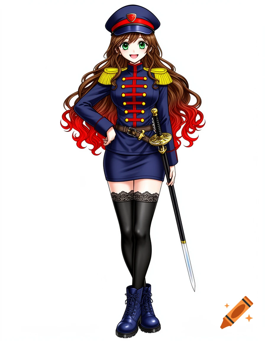 Manhwa style young woman in a navy military uniform, thigh-high stockings, and combat boots, smiling while holding a sword.