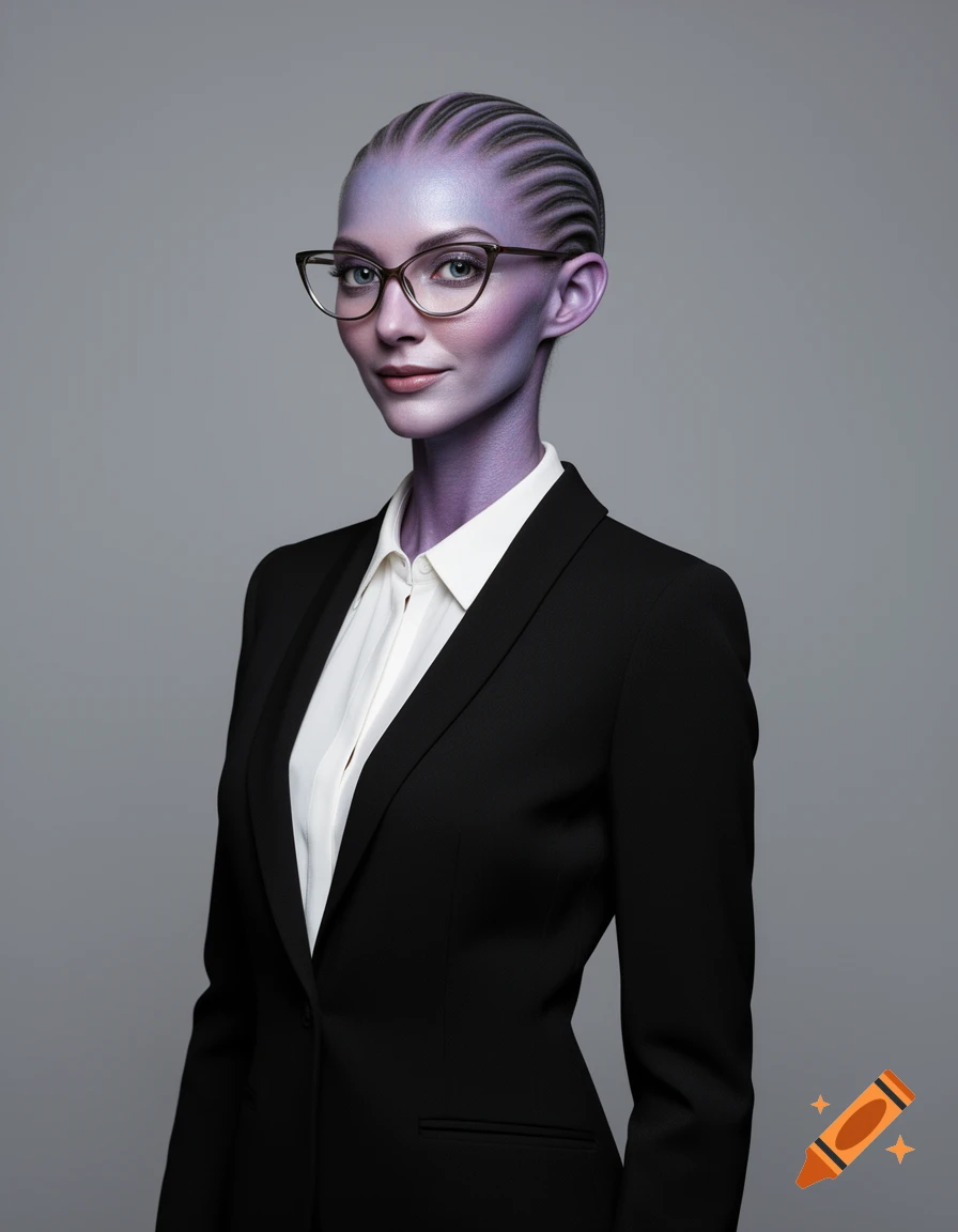 A professional portrait of an elegant alien woman with purple skin and braided hair, wearing glasses, a black blazer, and white blouse, against a grey background.