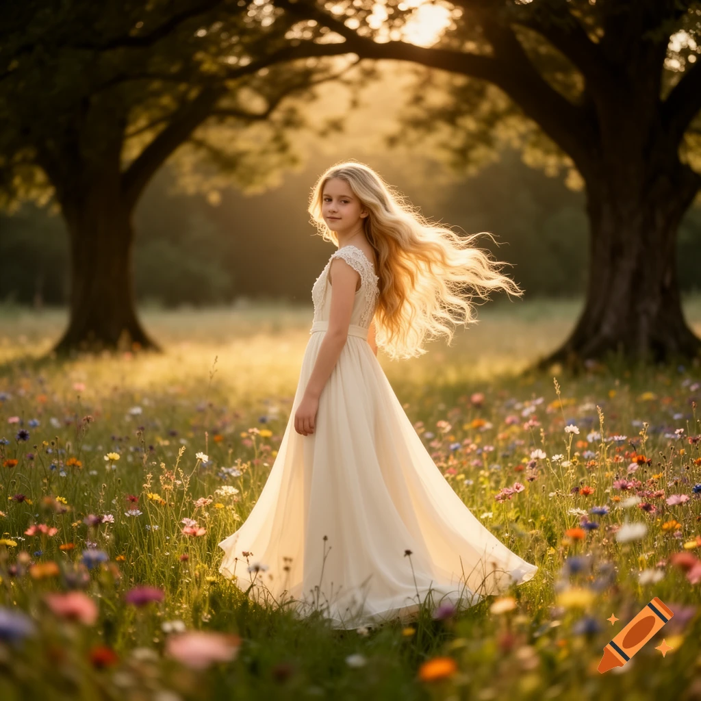 Blonde girl in a cream-white dress stands in a sunlit meadow of wildflowers with large trees in the background.