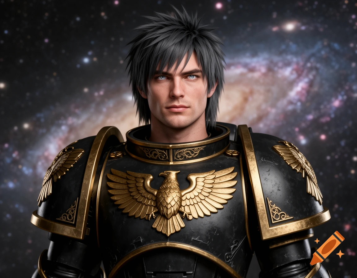 A male space marine in black and gold armor with spiky dark hair and blue eyes, against a galaxy background.