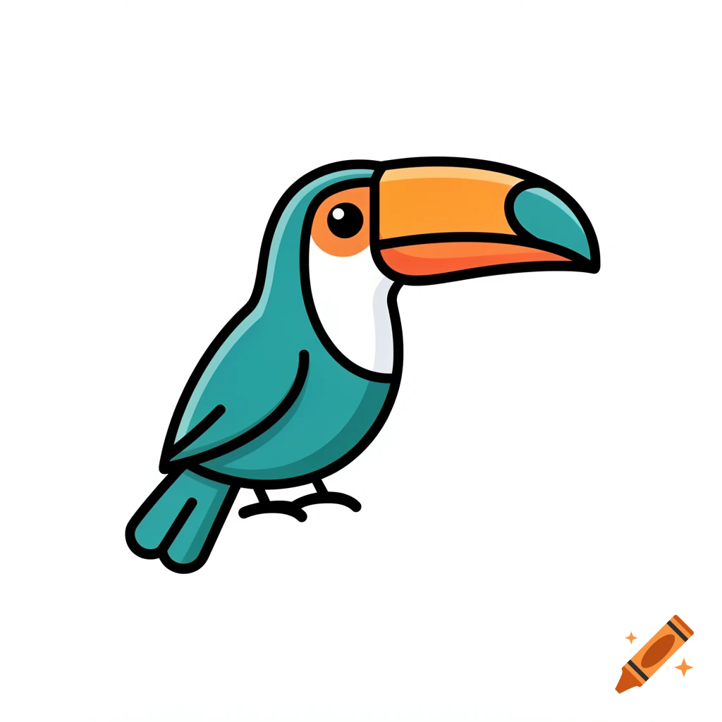 A cartoon 2D line art toucan with an orange beak and blue-green body, standing on a white background.