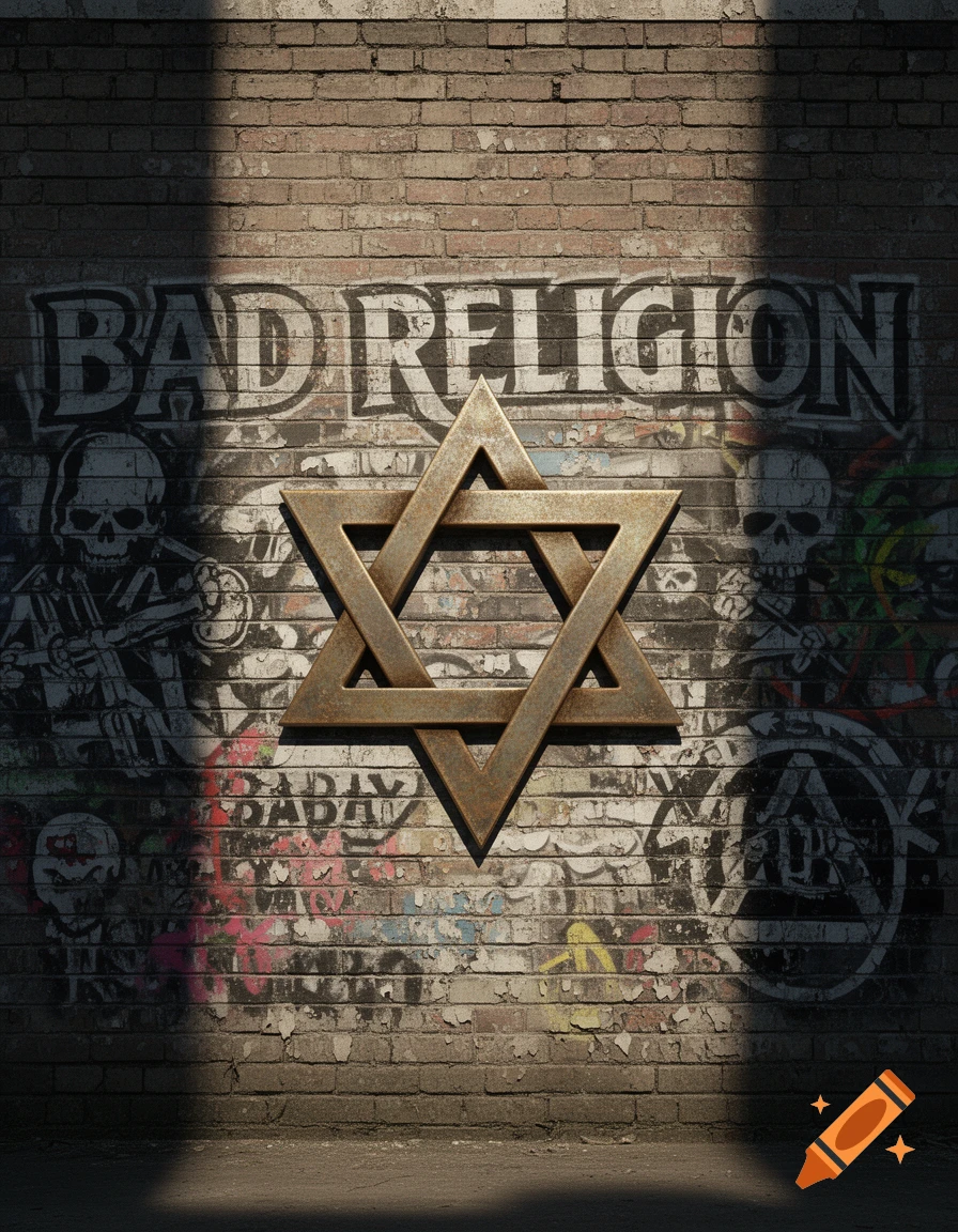 A weathered metallic Star of David stands out on a brick wall covered in graffiti, including 'BAD RELIGION' and skulls, with strong shadows.