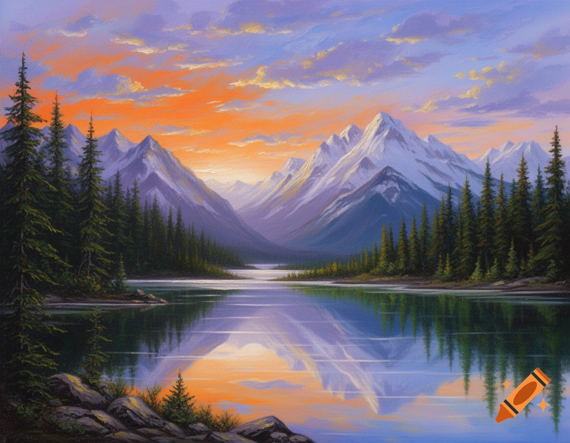 A vibrant painting of snow-capped mountains and evergreen forests reflected in a still lake under an orange and purple sunset.