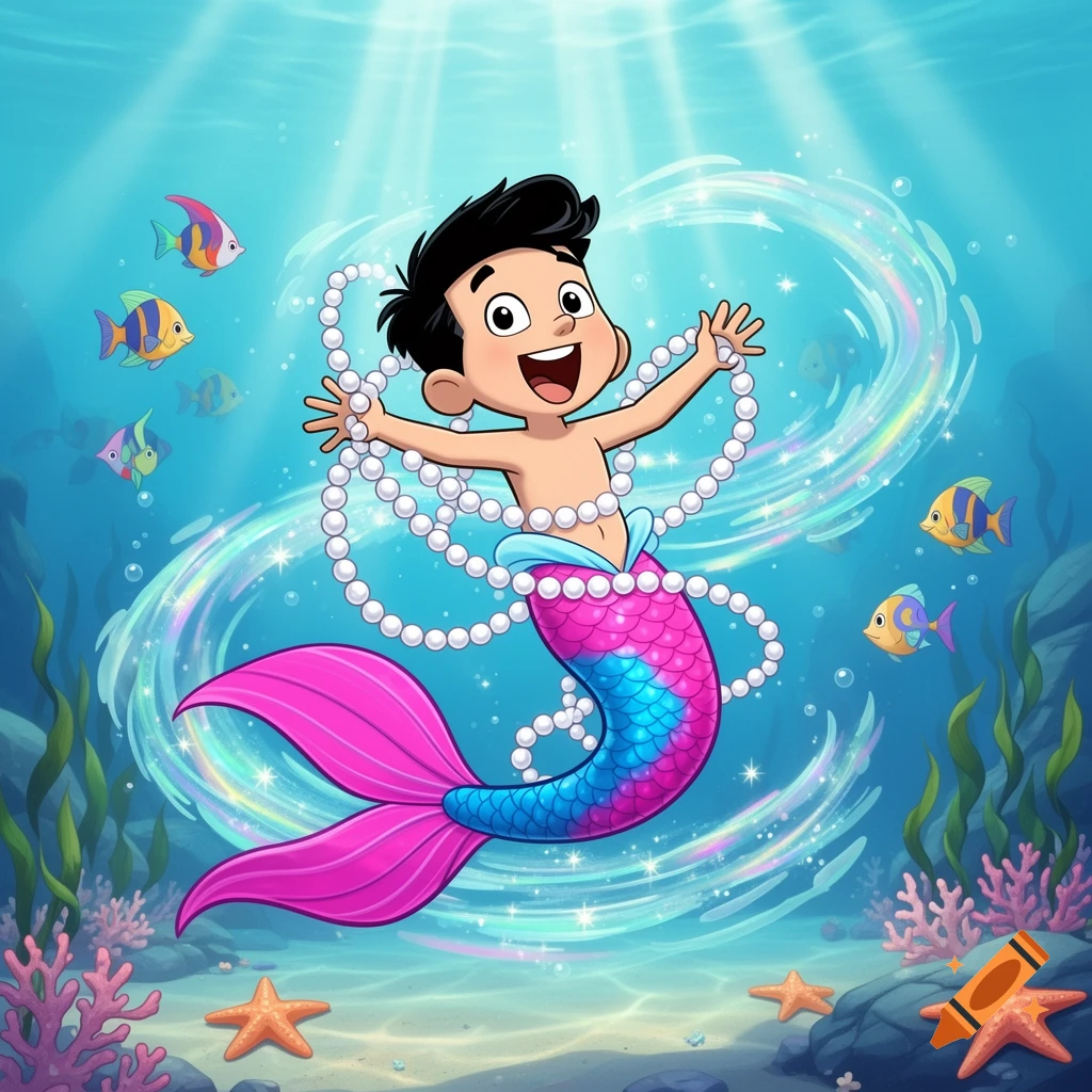 A happy cartoon merman boy with a pink and blue tail swims underwater, holding strands of pearls amidst colorful fish and coral.