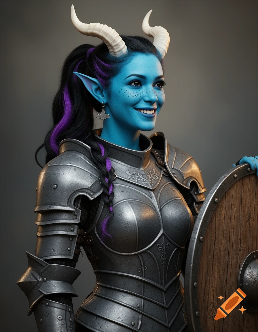 A blue-skinned tiefling warrior in ornate gray armor holds a wooden shield, smiling. She has white horns, pointed ears, and purple hair streaks.