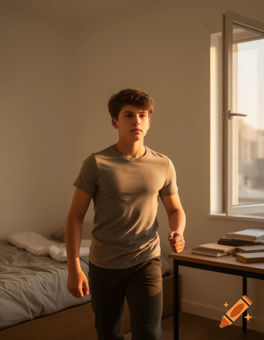 A young male teenager walks through a sunlit bedroom.