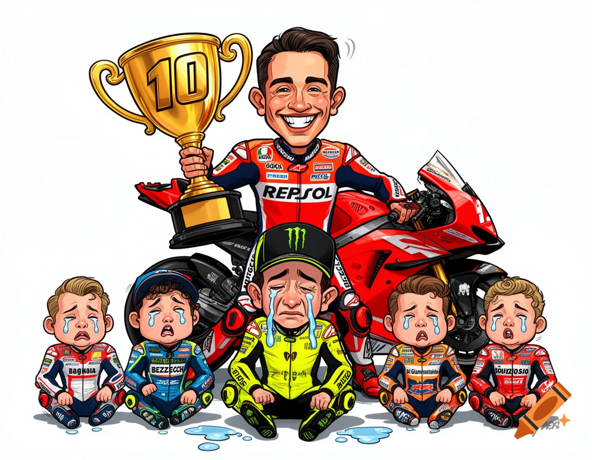 A cartoon caricature of Marc Marquez smiling, holding a gold trophy with '10', standing in front of a red motorcycle. Five other MotoGP racers, including Valentino Rossi, are sitting on the ground crying like babies.