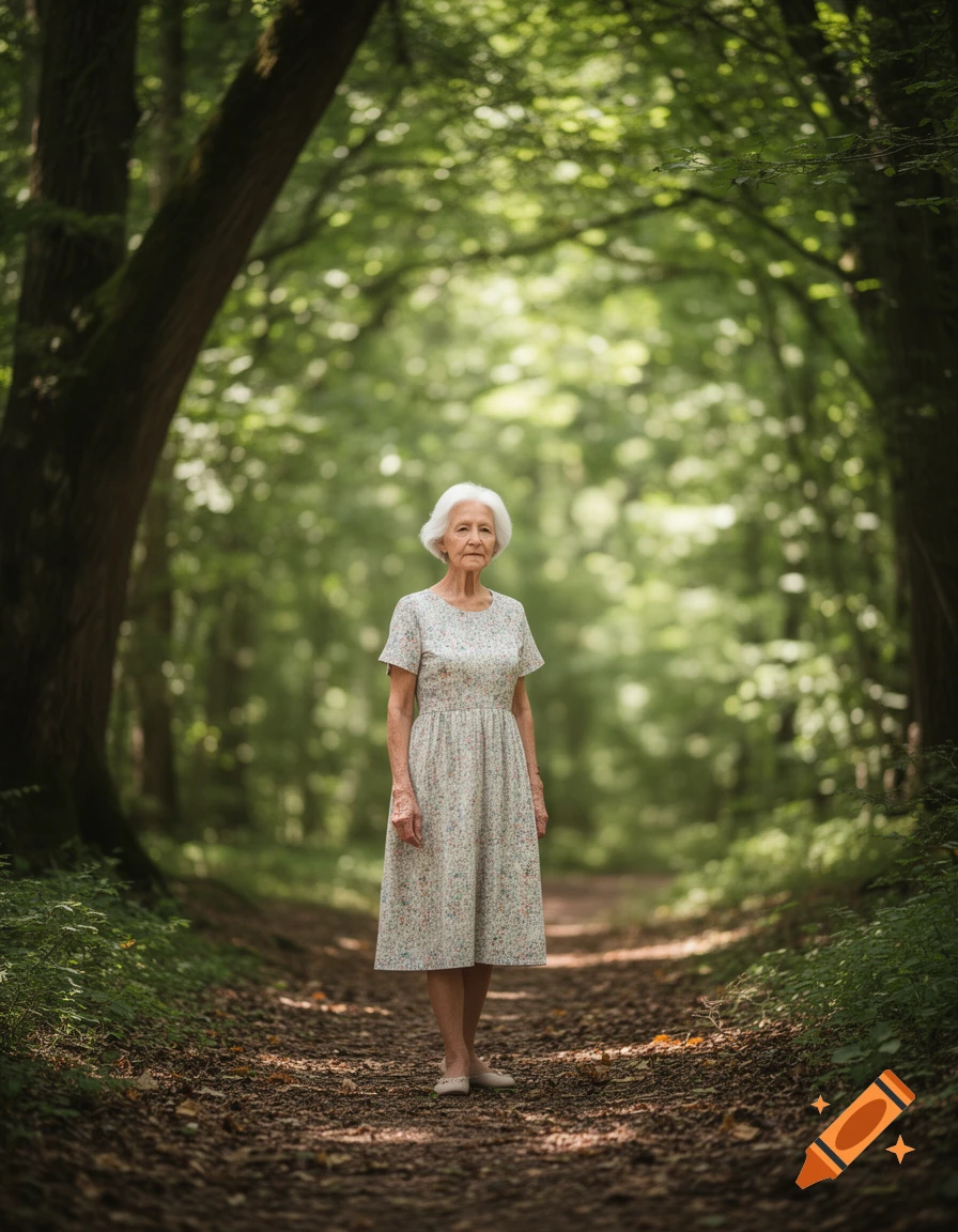 Elderly woman with short white hair in a floral dress stands on a leafy forest path surrounded by green trees.