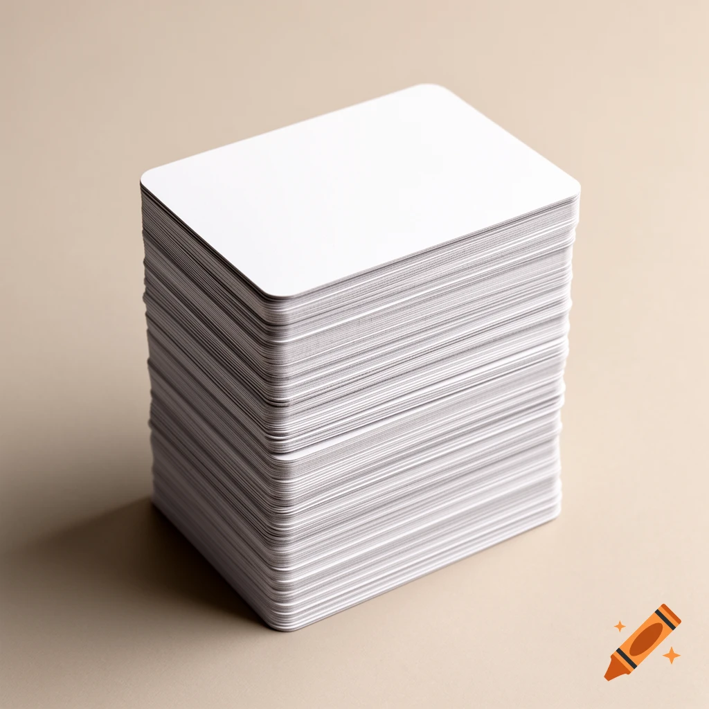 A neat stack of blank white cards with rounded corners, seen from an elevated perspective on a neutral background with soft studio lighting.