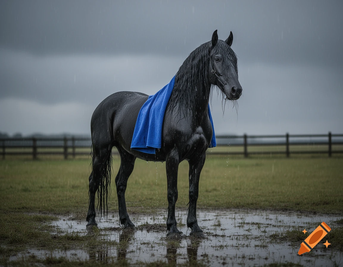 A wet black Friesian horse with a blue towel on its back stands in a muddy field during a rain shower, photorealistic.