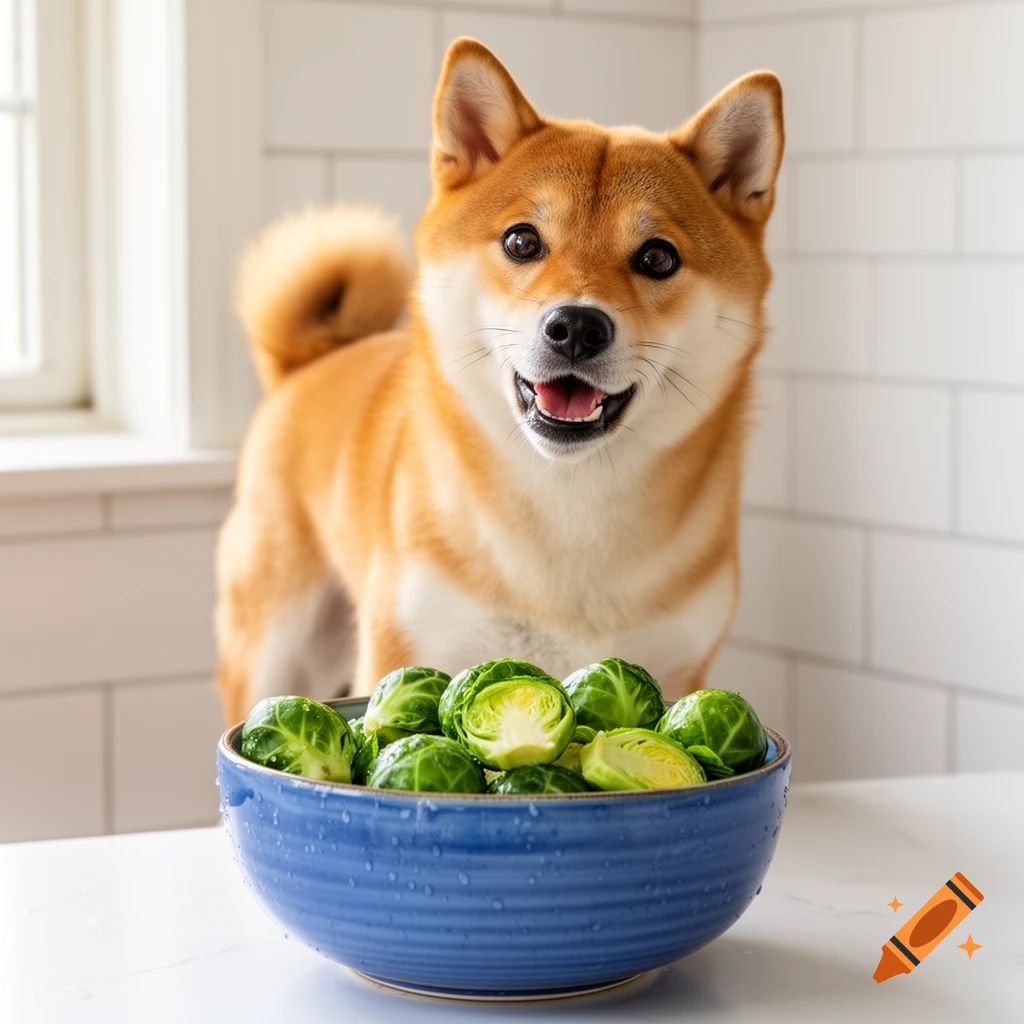 A happy Shiba Inu dog stands in a kitchen behind a blue bowl filled with fresh brussels sprouts.