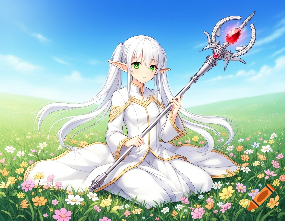 Anime elf girl with white hair, green eyes, and pointed ears, holding a magical staff while sitting in a flower-filled meadow.