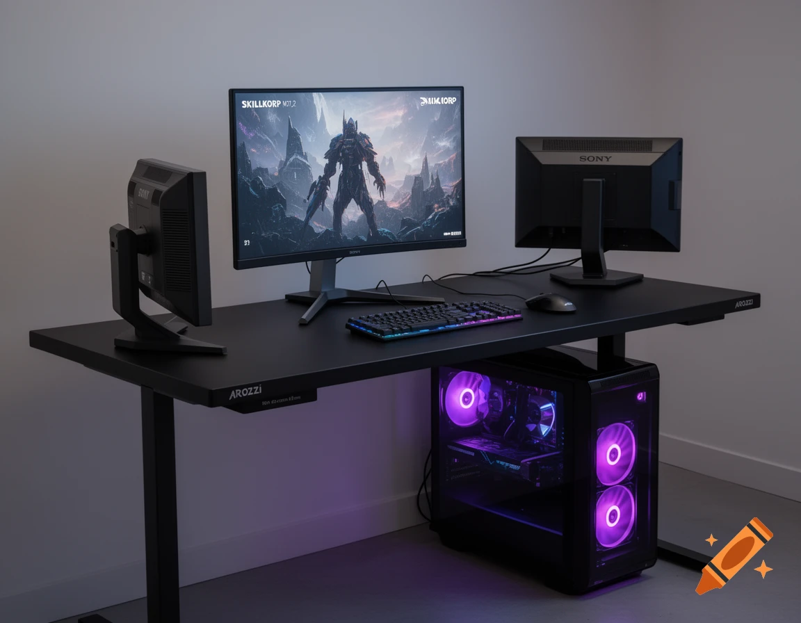 A modern black gaming desk setup with two monitors, a keyboard, mouse, and a PC tower with purple RGB lighting.