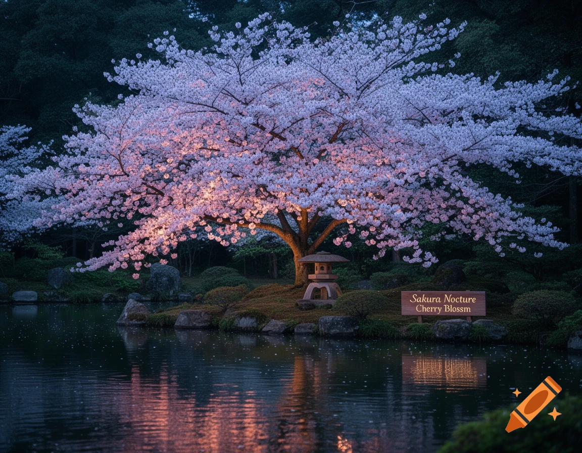 A vibrant cherry blossom tree, lit up with pink and white flowers, stands beside a calm pond at night. A stone lantern and a wooden sign saying "Sakura Nocturne Cherry Blossom" are visible, reflected in the water.