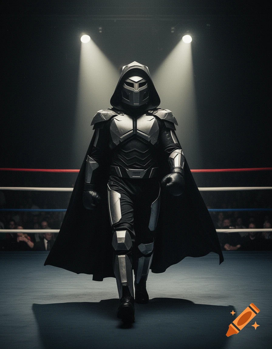 A figure in black and silver armor with a cape and hood, resembling Count Binface, walks confidently into a spotlighted boxing ring.
