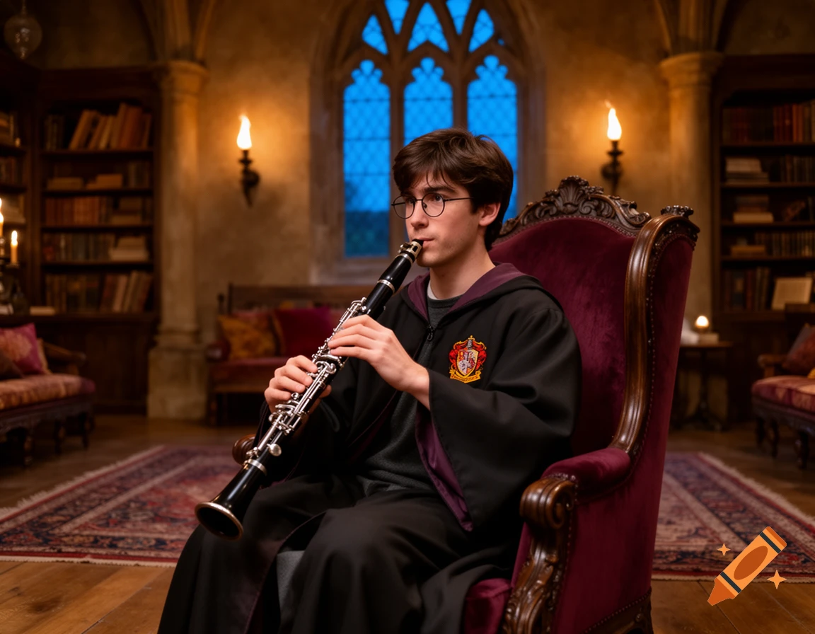 A young man with glasses, wearing a dark wizarding robe with a crest, sits in a red velvet chair in a gothic-style library, playing a clarinet.