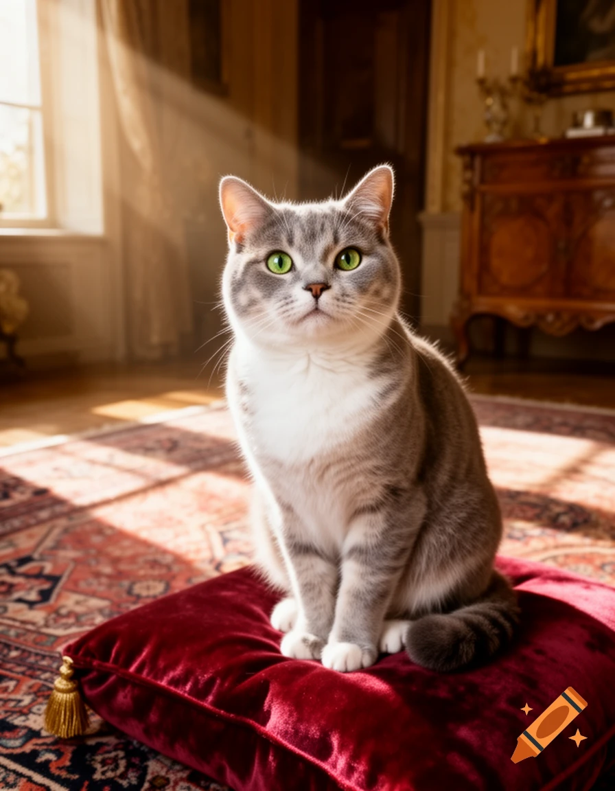 A photorealistic grey and white tabby cat with bright green eyes sits on a red velvet cushion in a sunlit, opulent room.