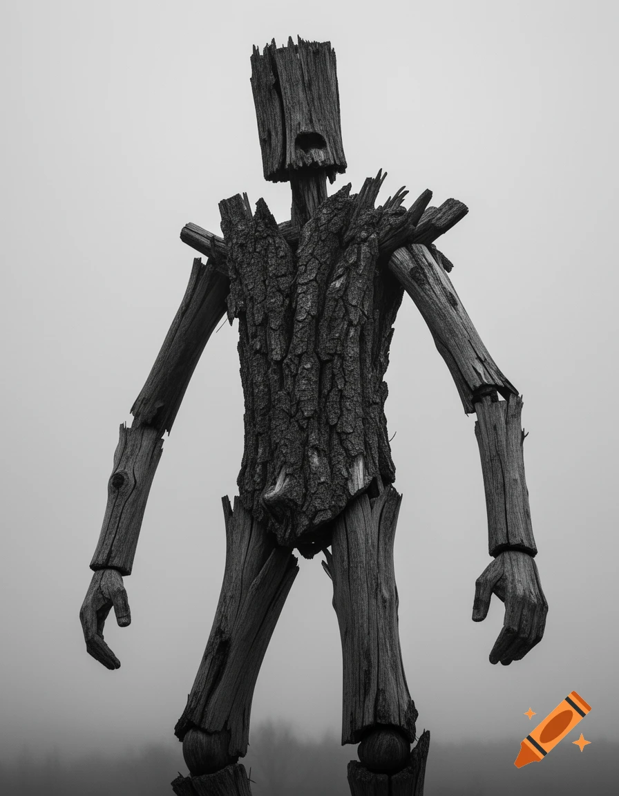 A towering, solemn-looking figure made of rough wooden logs and bark stands against a foggy, grey sky in black and white.