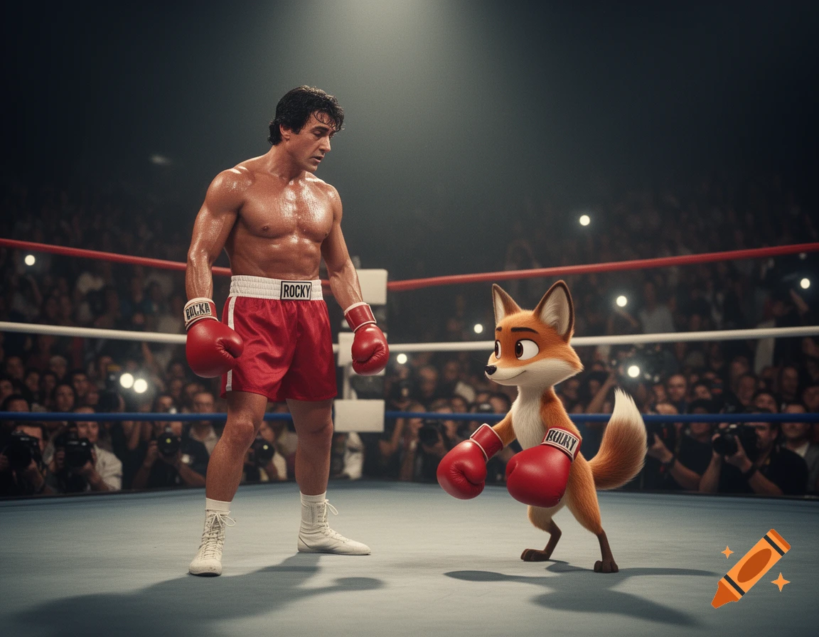 Rocky Balboa and an animated fox in red boxing gloves face off in a boxing ring, surrounded by a cheering crowd.