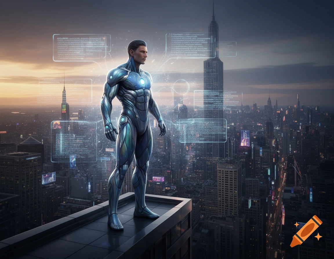 A man in a blue and silver superhero suit stands atop a skyscraper, overlooking a futuristic city with holographic data displays.