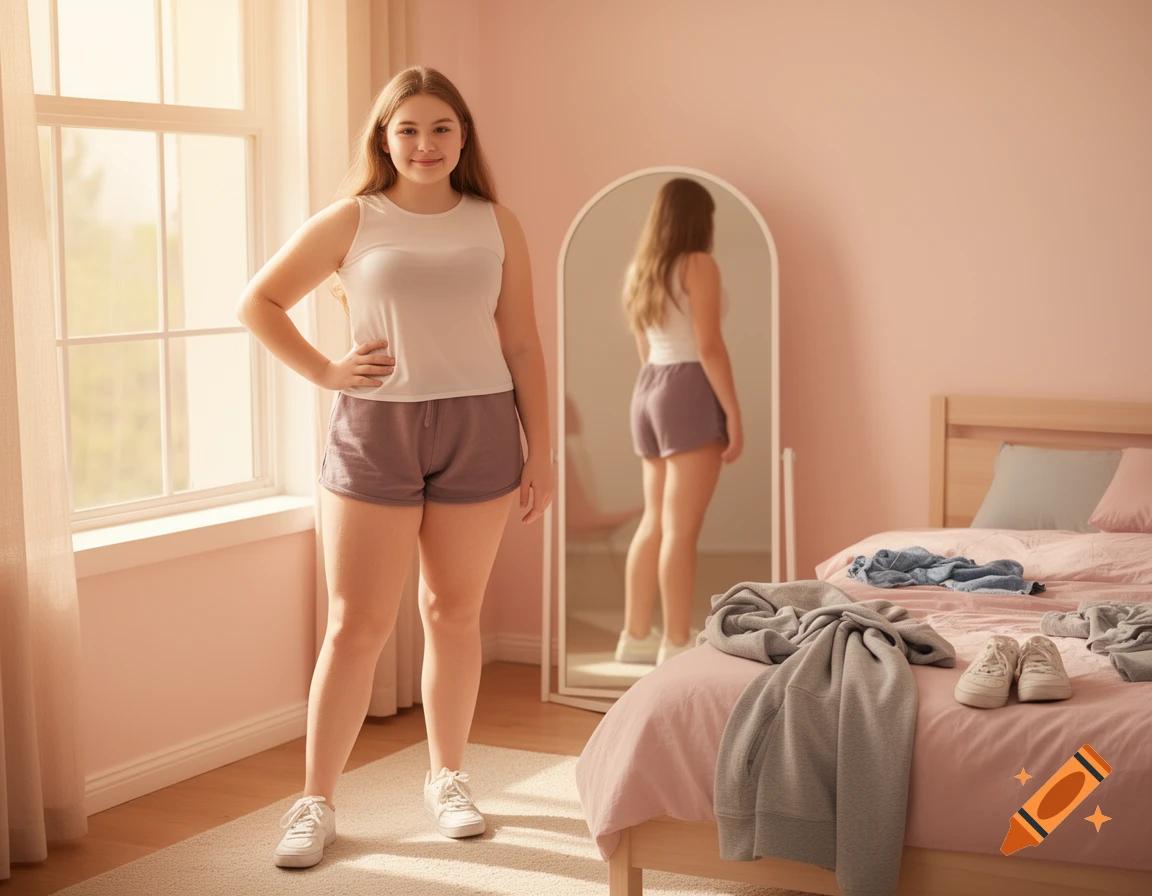 A young woman in a white tank top and shorts stands in a sunlit bedroom, with her reflection in a mirror.