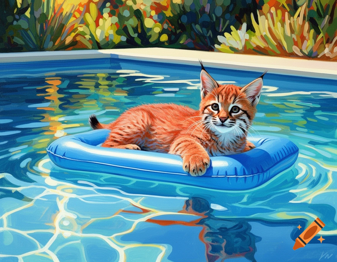 A painterly image of a baby lynx on a blue inflatable float in a swimming pool with colorful trees in the background.