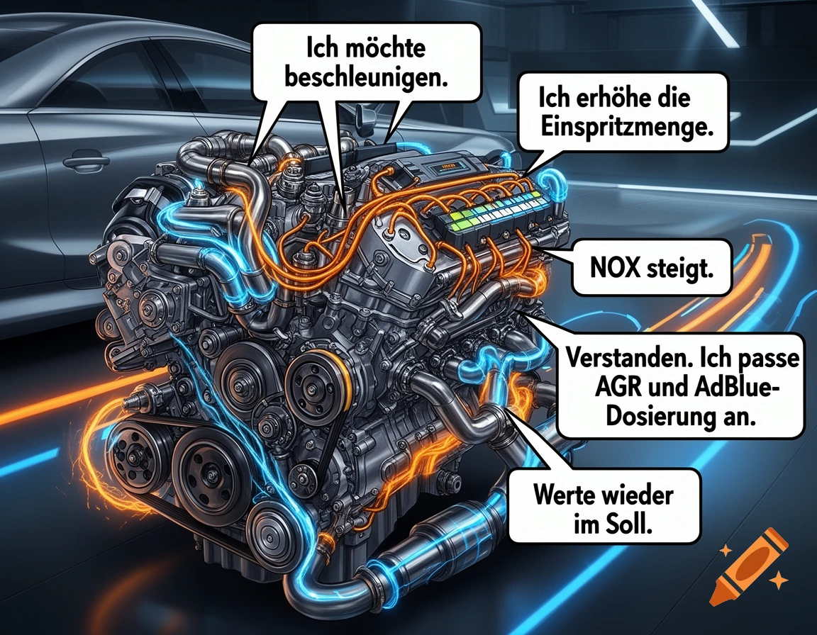 Detailed diagram of a glowing car engine with comic-style speech bubbles in German discussing acceleration and emissions control.