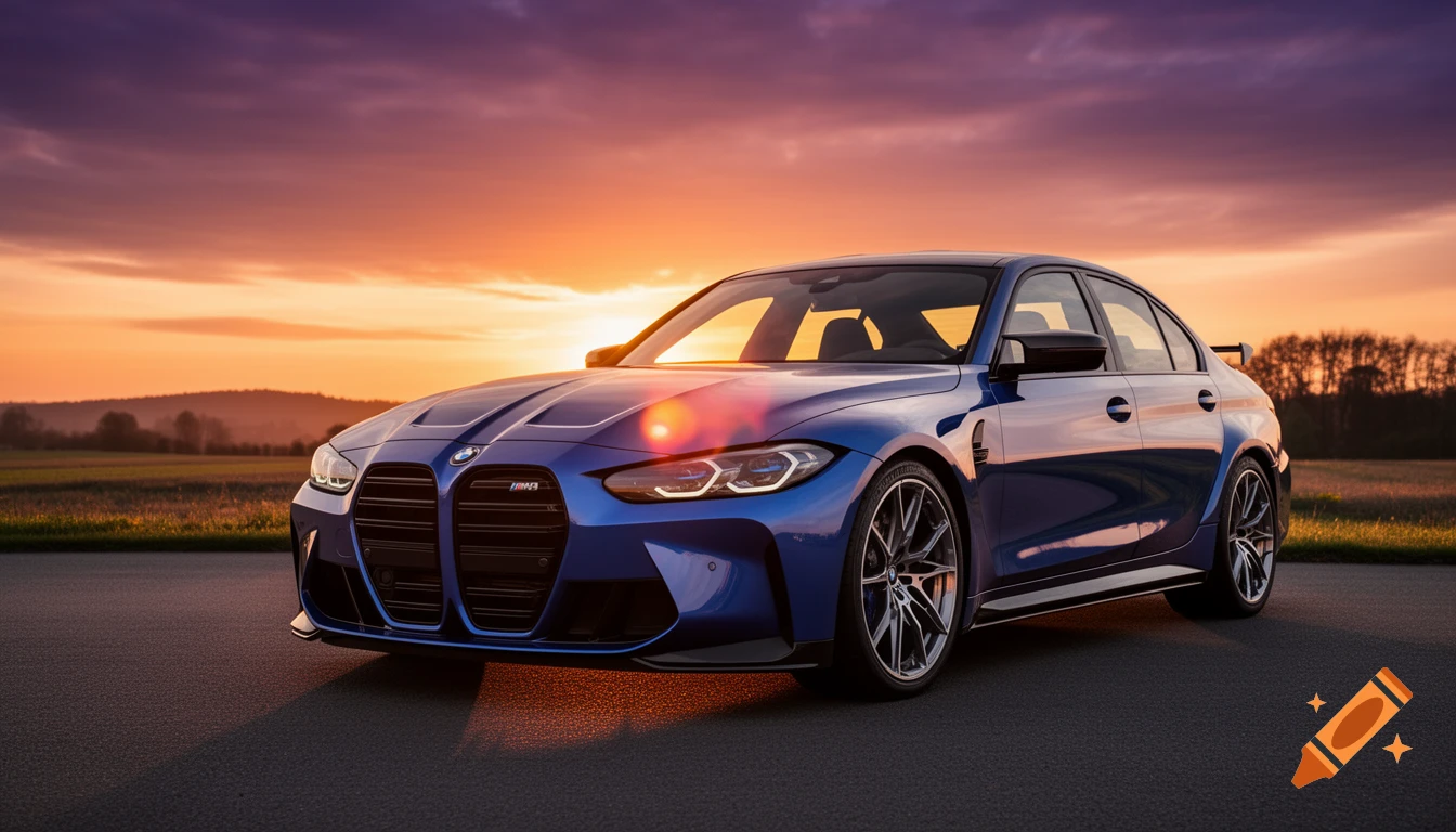 A photorealistic blue BMW M3 CS G80 sports car parked on asphalt at sunset, with a vibrant orange and purple sky over fields.