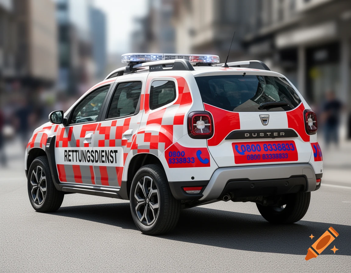 A white Dacia Duster rescue vehicle with red and white Battenberg markings, "RETTUNGSDIENST" text, and a blue light bar, on a city street.