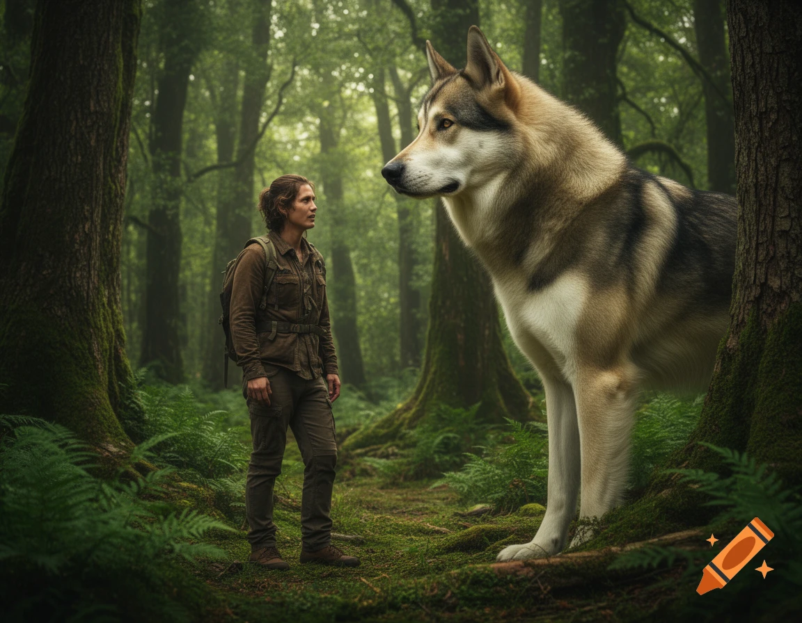 A man in hiking gear stands in a lush, mossy forest, gazing up at a towering giant wolf in a photorealistic style.