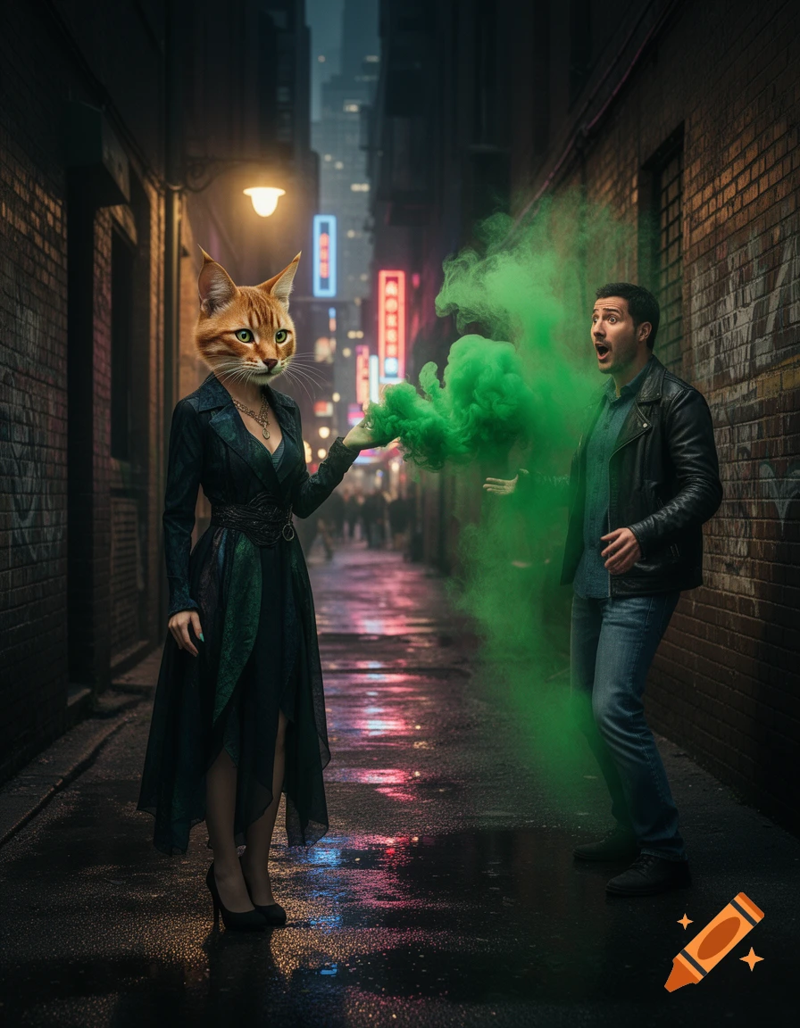 A cat-headed woman in a long dress emits green smoke towards a surprised man in a dark, wet city alley at night.